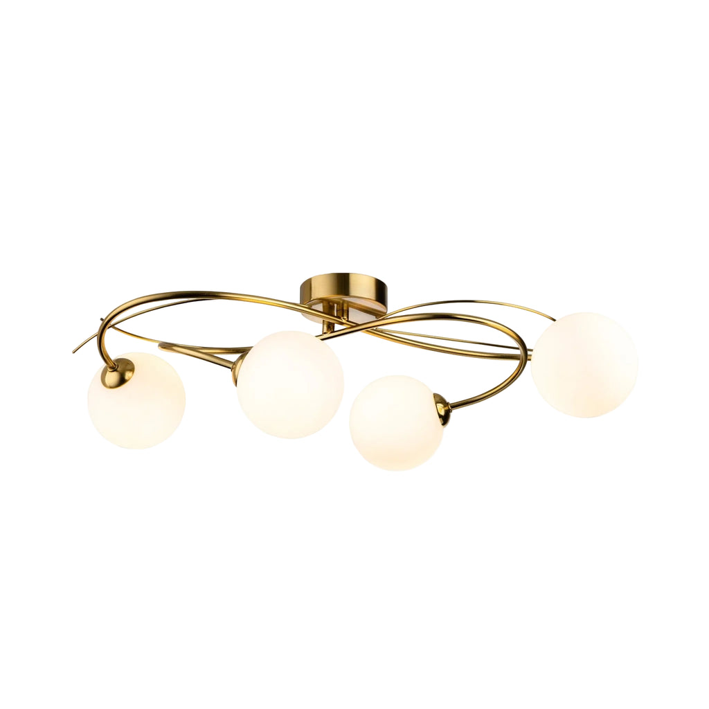 Orla Swirl Globe 4 Light Flush Ceiling Light in brushed brass, side view showing the shallow 18cm drop