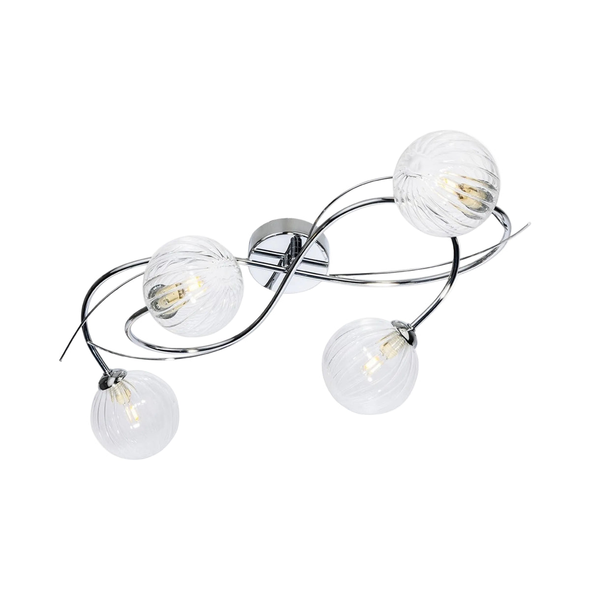 Orla Swirl Globe 4 Light Flush Ceiling Light in chrome with clear ribbed glass globes, angled view