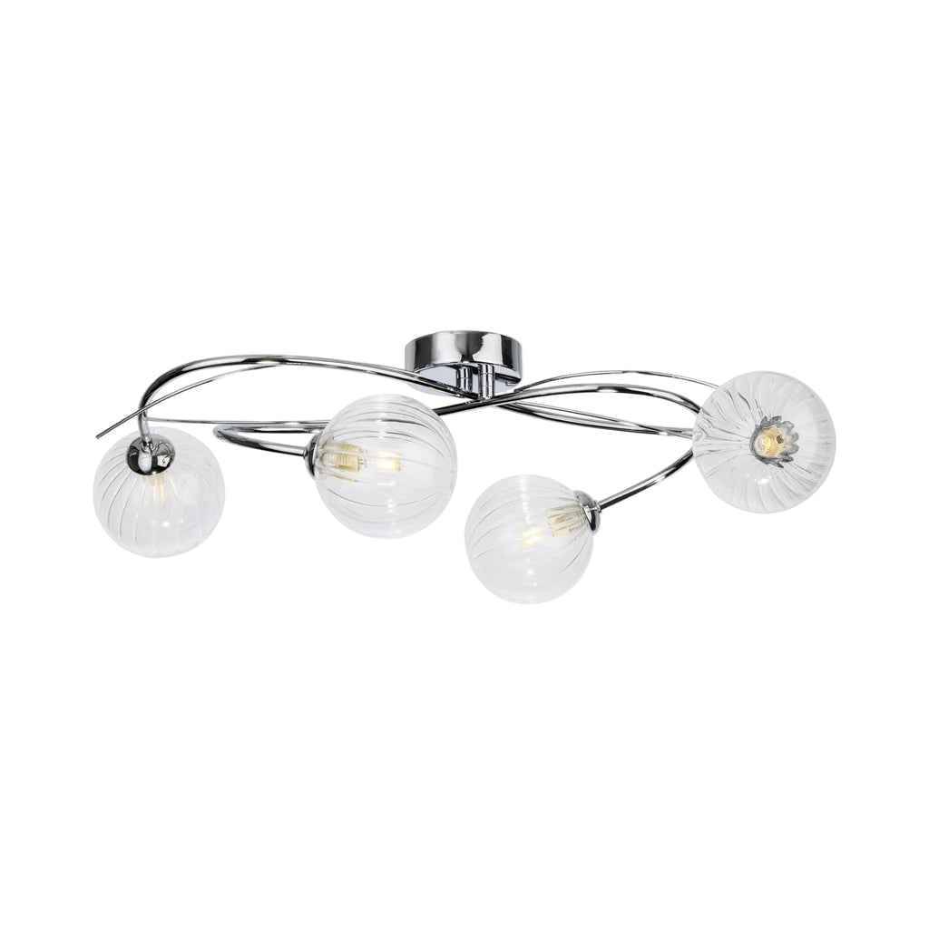 Orla Swirl Globe 4 Light Flush Ceiling Light in chrome, side view showing the shallow 18cm drop