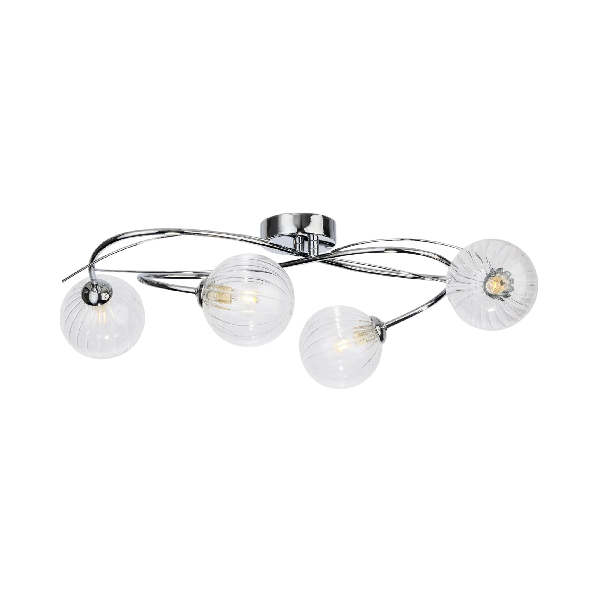 Orla Swirl Globe 4 Light Flush Ceiling Light in chrome, side view showing the shallow 18cm drop