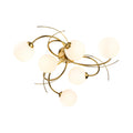 Orla Swirl Globe 6 Light Flush Ceiling Light in brushed brass with opal white glass globes, viewed from below