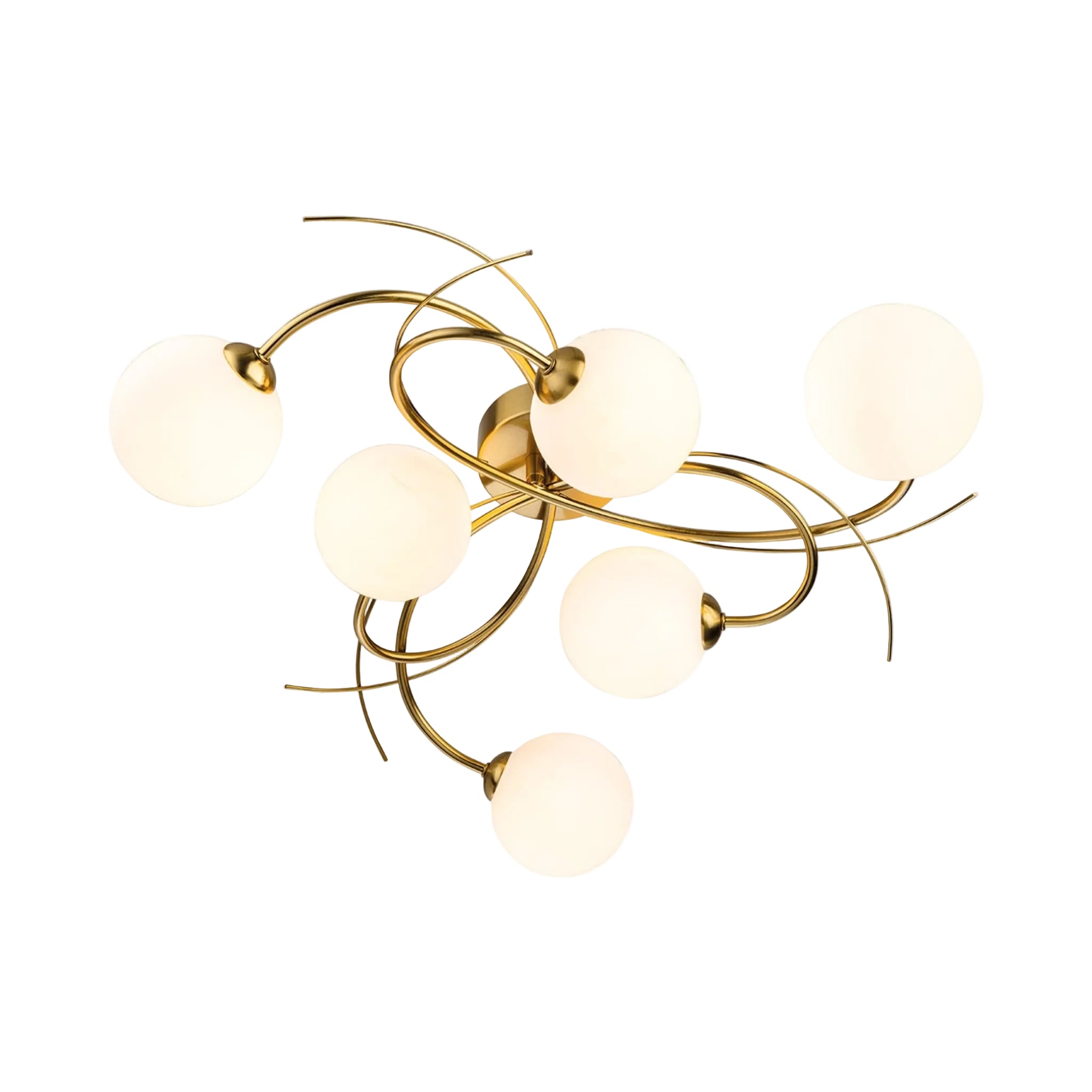 Orla Swirl Globe 6 Light Flush Ceiling Light in brushed brass with opal white glass globes, viewed from below
