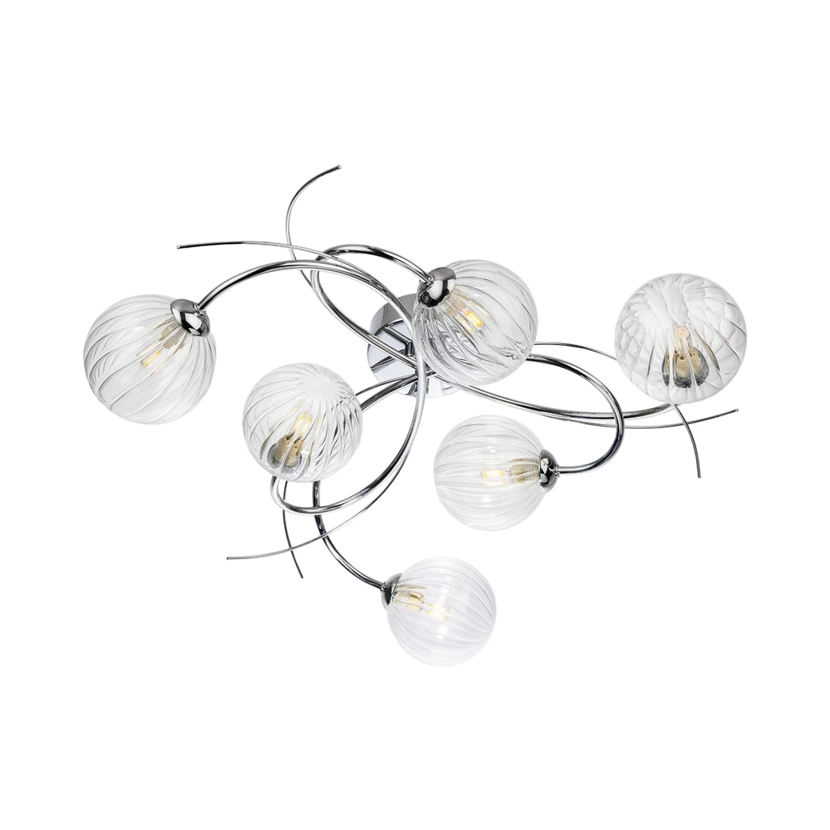 Orla Swirl Globe 6 Light Flush Ceiling Light in chrome with clear ribbed glass globes, viewed from below