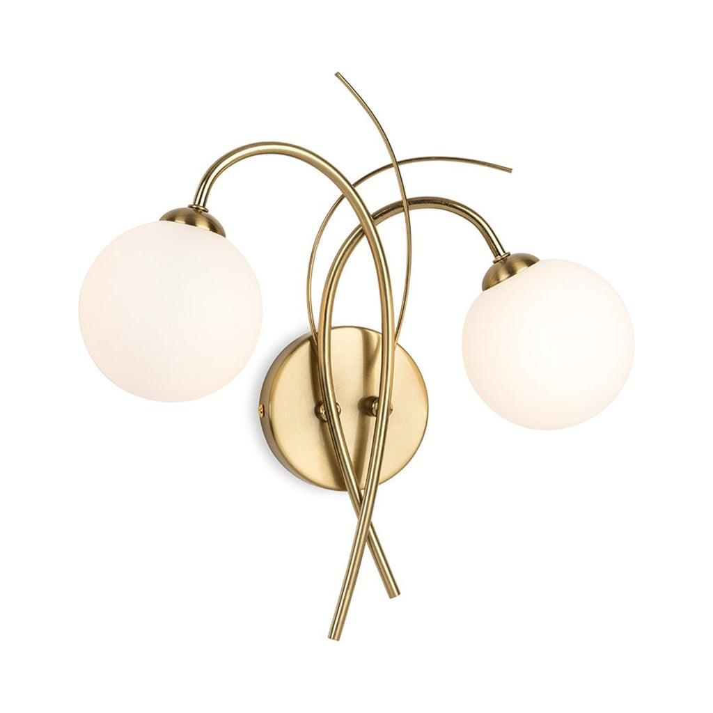 Orla Swirl Globe Wall Light in brushed brass with opal white glass globes, front view
