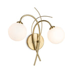Orla Swirl Globe Wall Light in brushed brass with opal white glass globes, front view