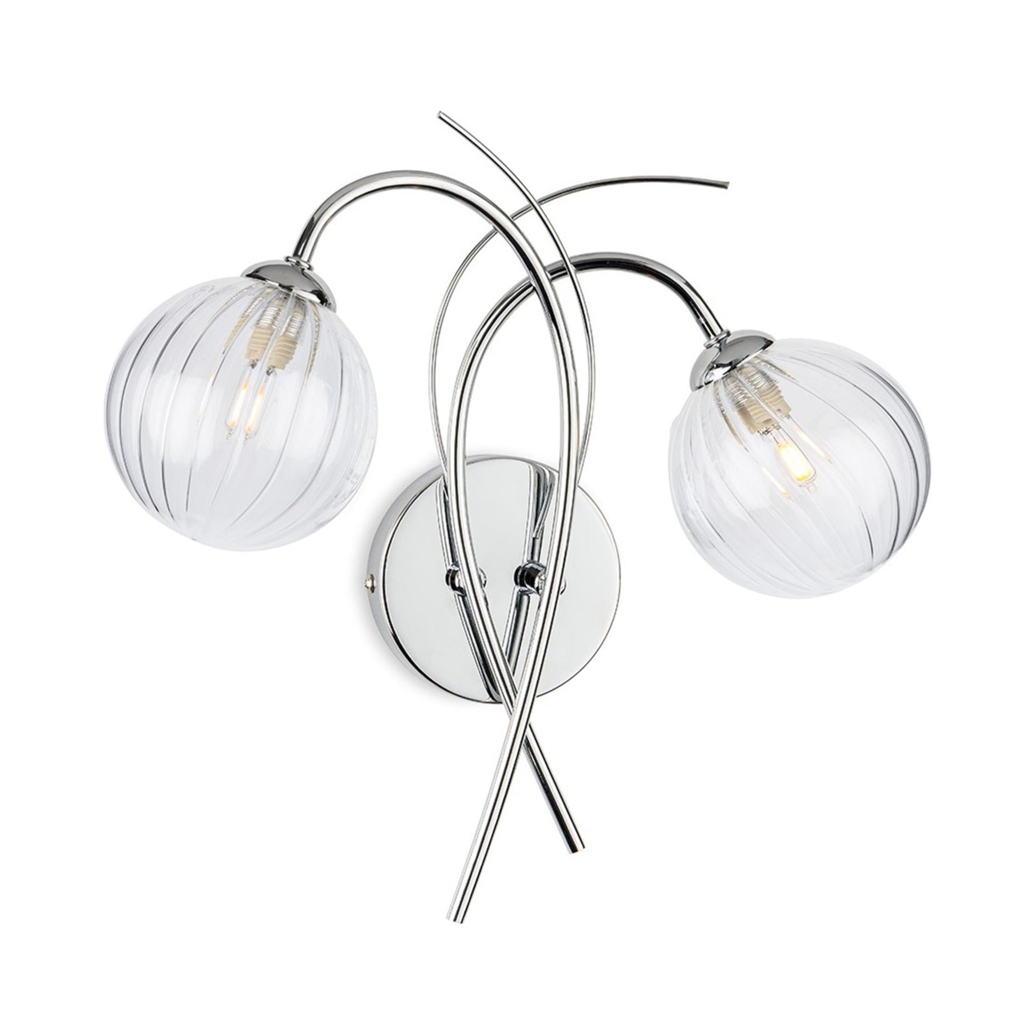 Orla Swirl Globe Wall Light in chrome with clear ribbed glass globes, front view