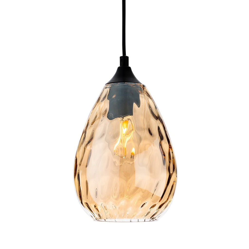 Orla Teardrop Glass Pendant in amber glass with matt black suspension, front view