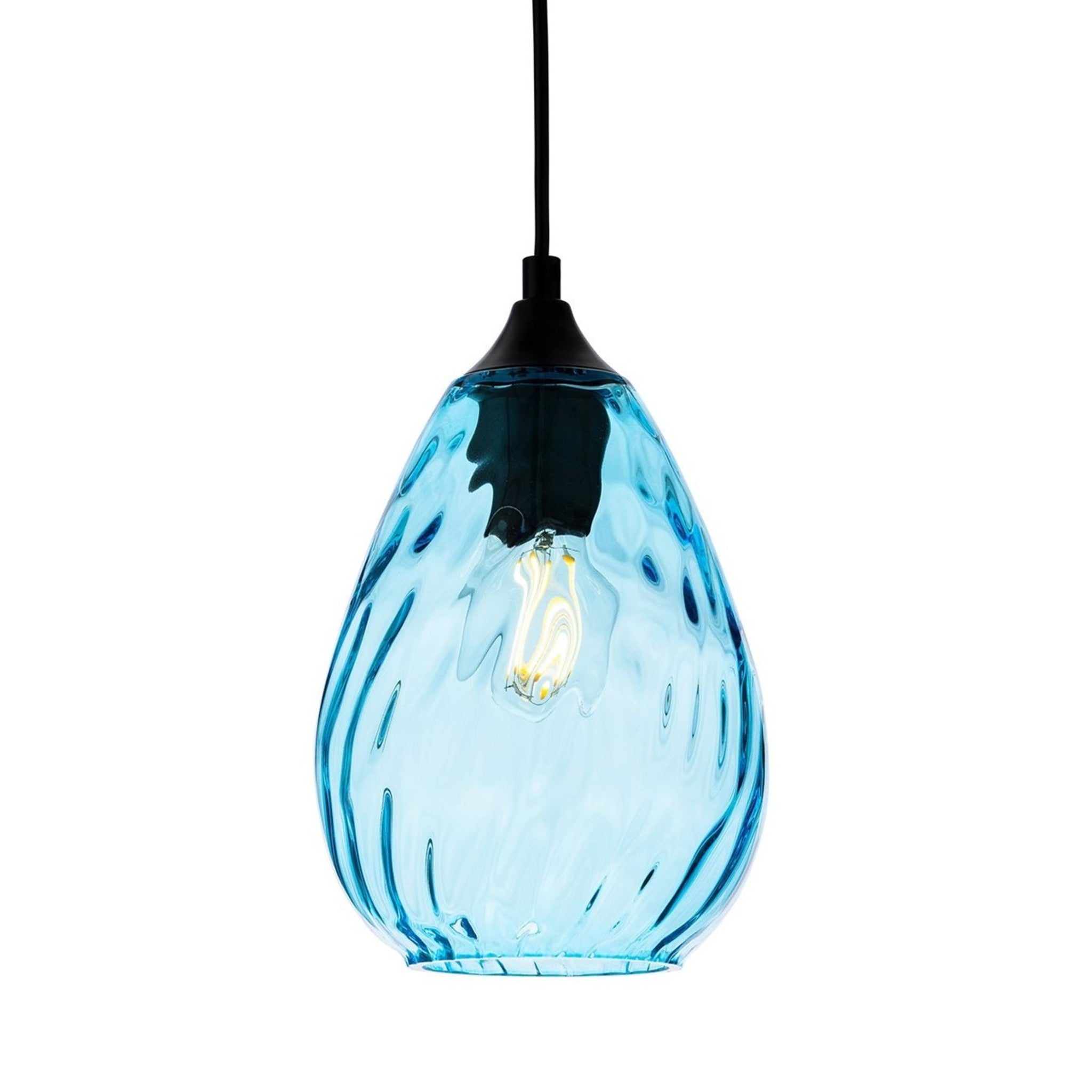 Orla Teardrop Glass Pendant in aqua glass with matt black suspension, front view