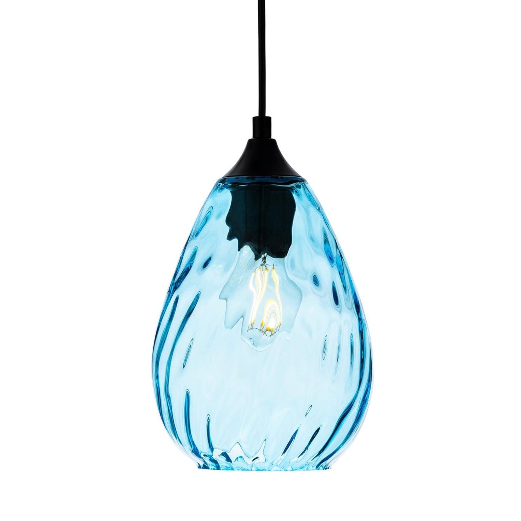 Orla Teardrop Glass Pendant in aqua glass, angled view