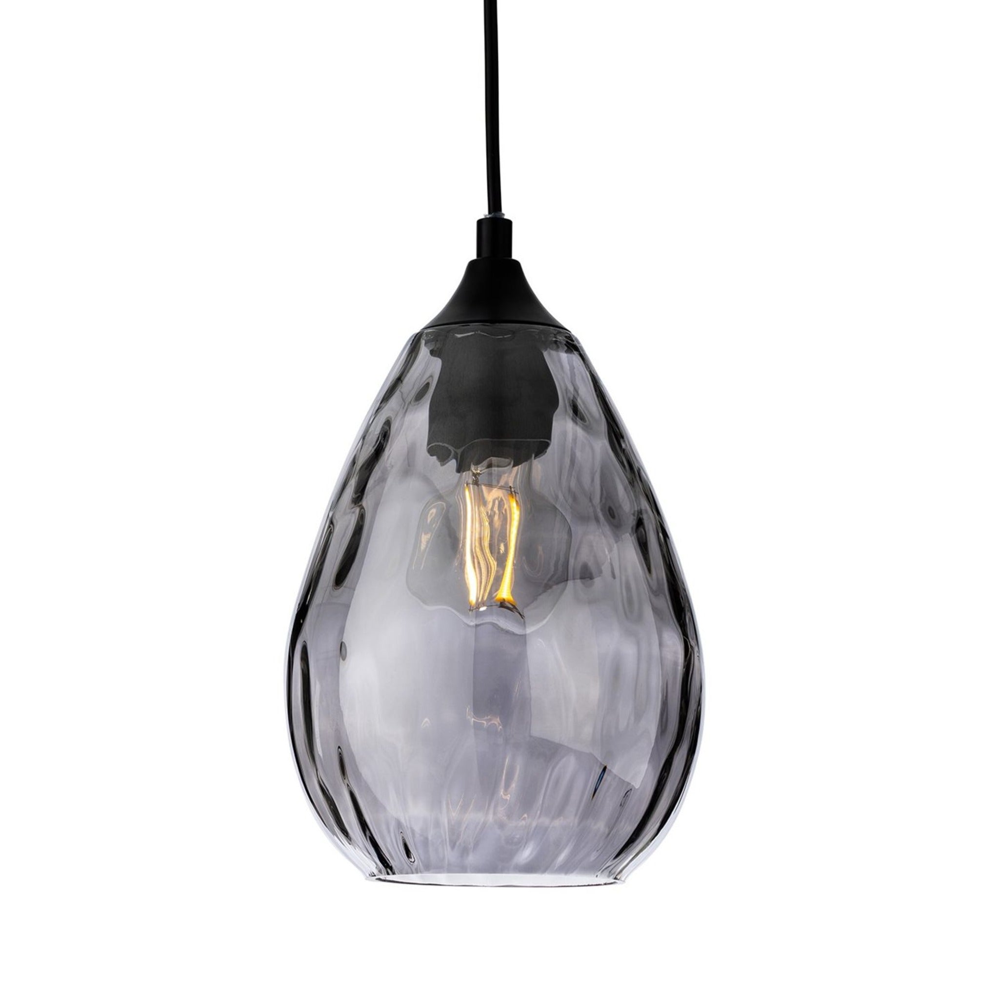 Orla Teardrop Glass Pendant in smoked glass with matt black suspension, front view