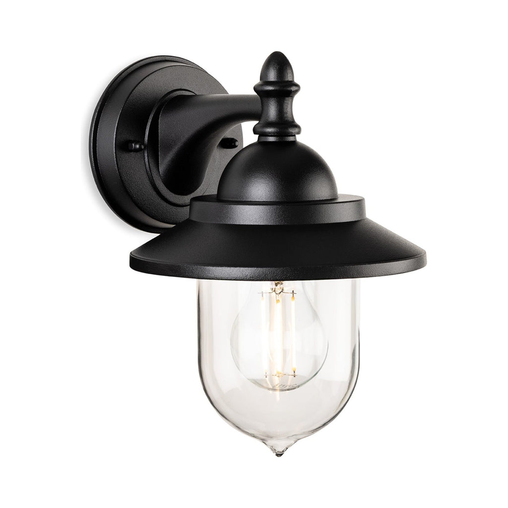 Padstow Clear Glass Outdoor Wall Lantern in black, front view