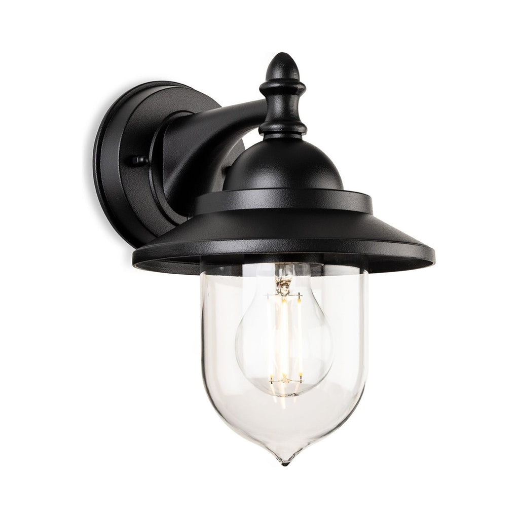 Padstow Clear Glass Outdoor Wall Lantern in black, angled view showing the wall bracket