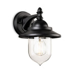 Padstow Clear Glass Outdoor Wall Lantern in black, angled view showing the wall bracket