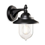 Padstow Clear Glass Outdoor Wall Lantern in black, side view showing the projection from the wall