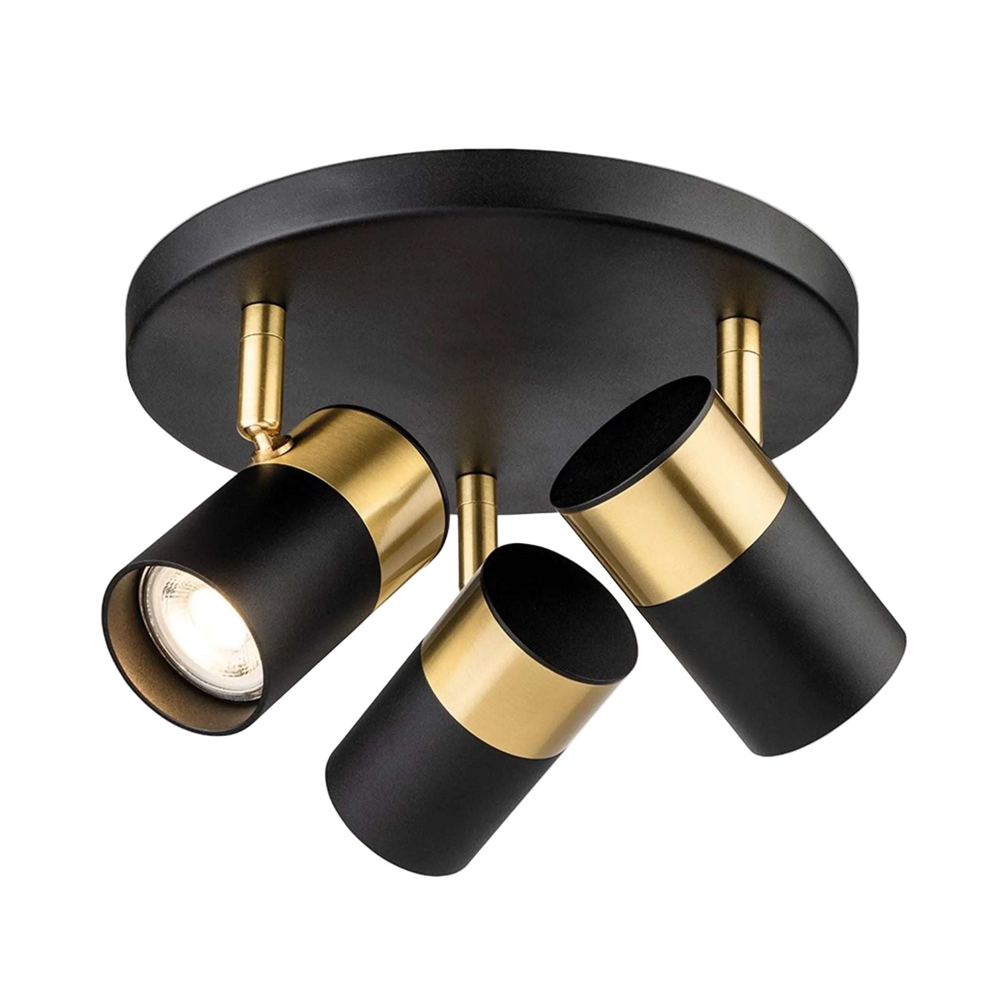 Renn 3 Light GU10 Flush Ceiling Spotlight in black with brushed brass, angled view of the round plate and three adjustable heads
