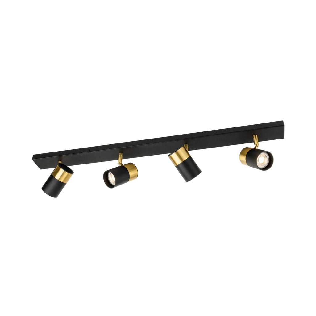 Renn 4 Light GU10 Ceiling Spotlight Bar in black with brushed brass, full length view of the bar and four heads