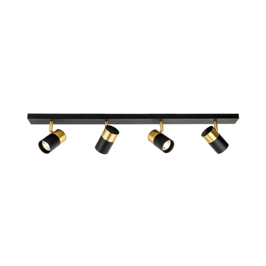 Renn 4 Light GU10 Ceiling Spotlight Bar in black with brushed brass, angled view showing the heads turned in different directions