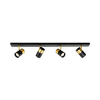 Renn 4 Light GU10 Ceiling Spotlight Bar in black with brushed brass, angled view showing the heads turned in different directions