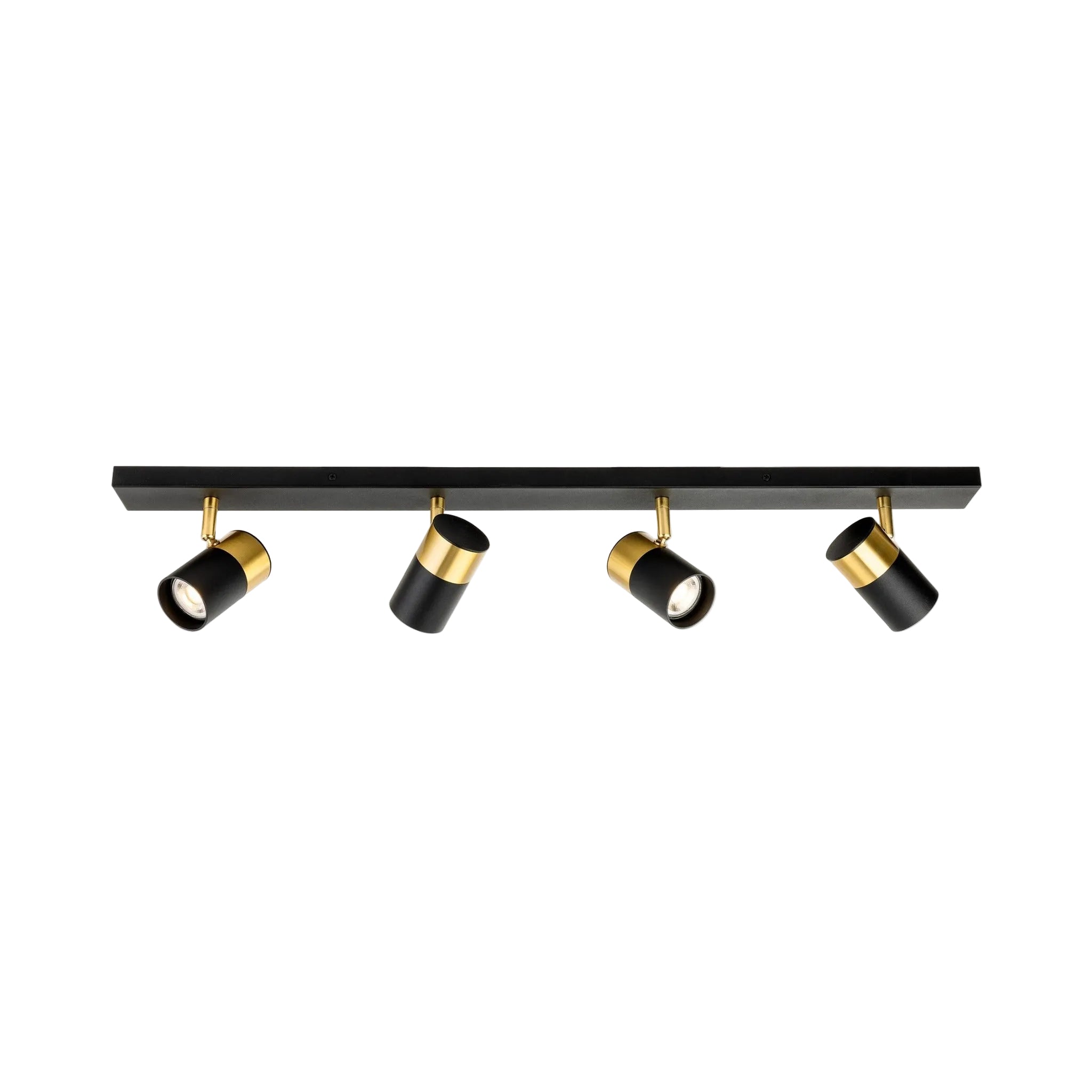 Renn 4 Light GU10 Ceiling Spotlight Bar in black with brushed brass, angled view showing the heads turned in different directions