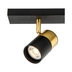 Close view of the Renn 4 Light GU10 Ceiling Spotlight Bar showing the black bar and a brushed brass collared head