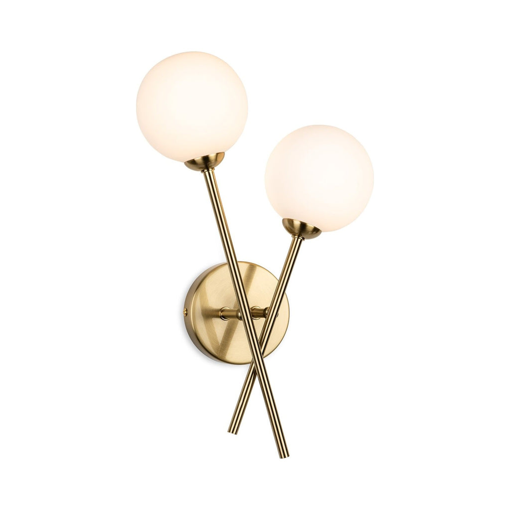Ripley Glass Globe 2 Light Wall Light in brushed brass with opal white glass, front view