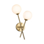 Ripley Glass Globe 2 Light Wall Light in brushed brass with opal white glass, front view