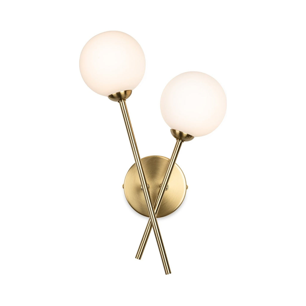 Ripley Glass Globe 2 Light Wall Light in brushed brass, angled view showing the crossed stems
