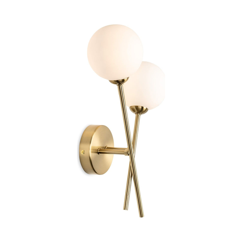 Ripley Glass Globe 2 Light Wall Light in brushed brass, side view showing the 13cm projection