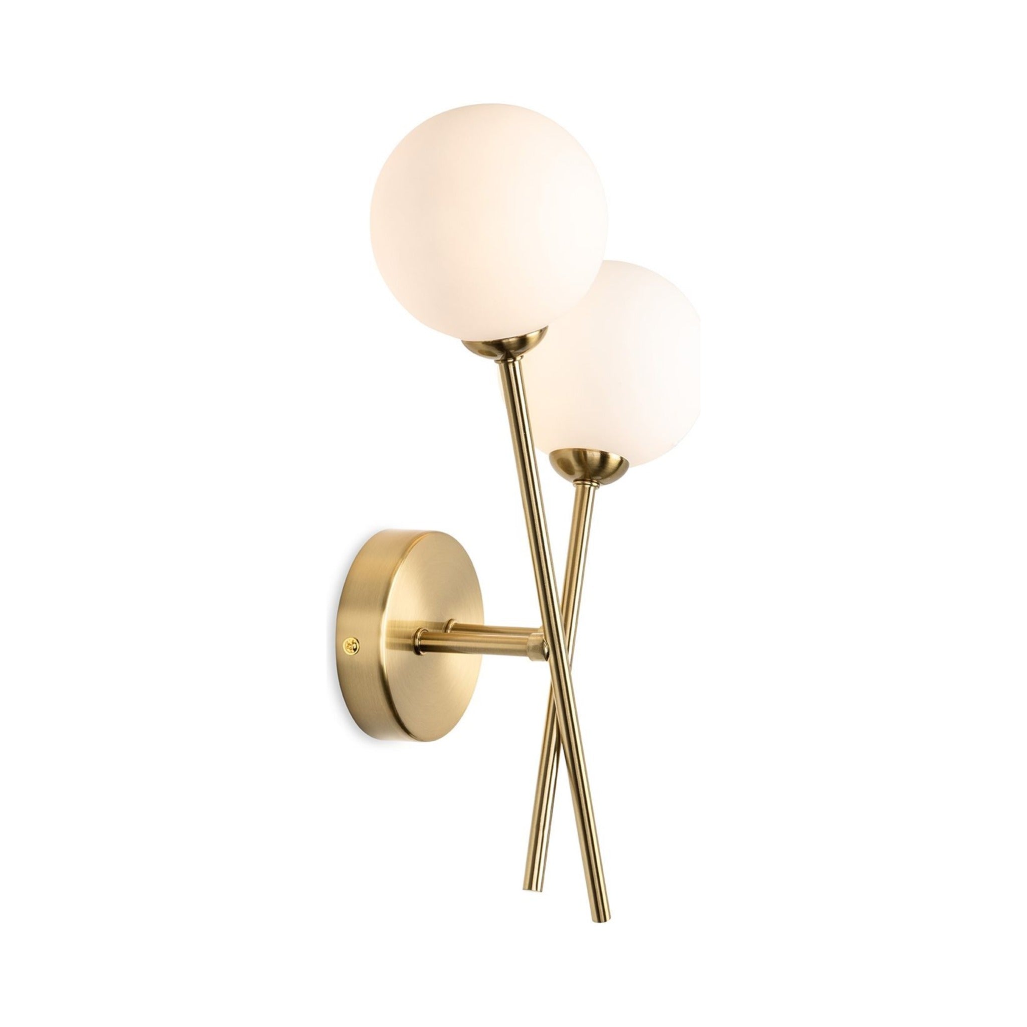 Ripley Glass Globe 2 Light Wall Light in brushed brass, side view showing the 13cm projection