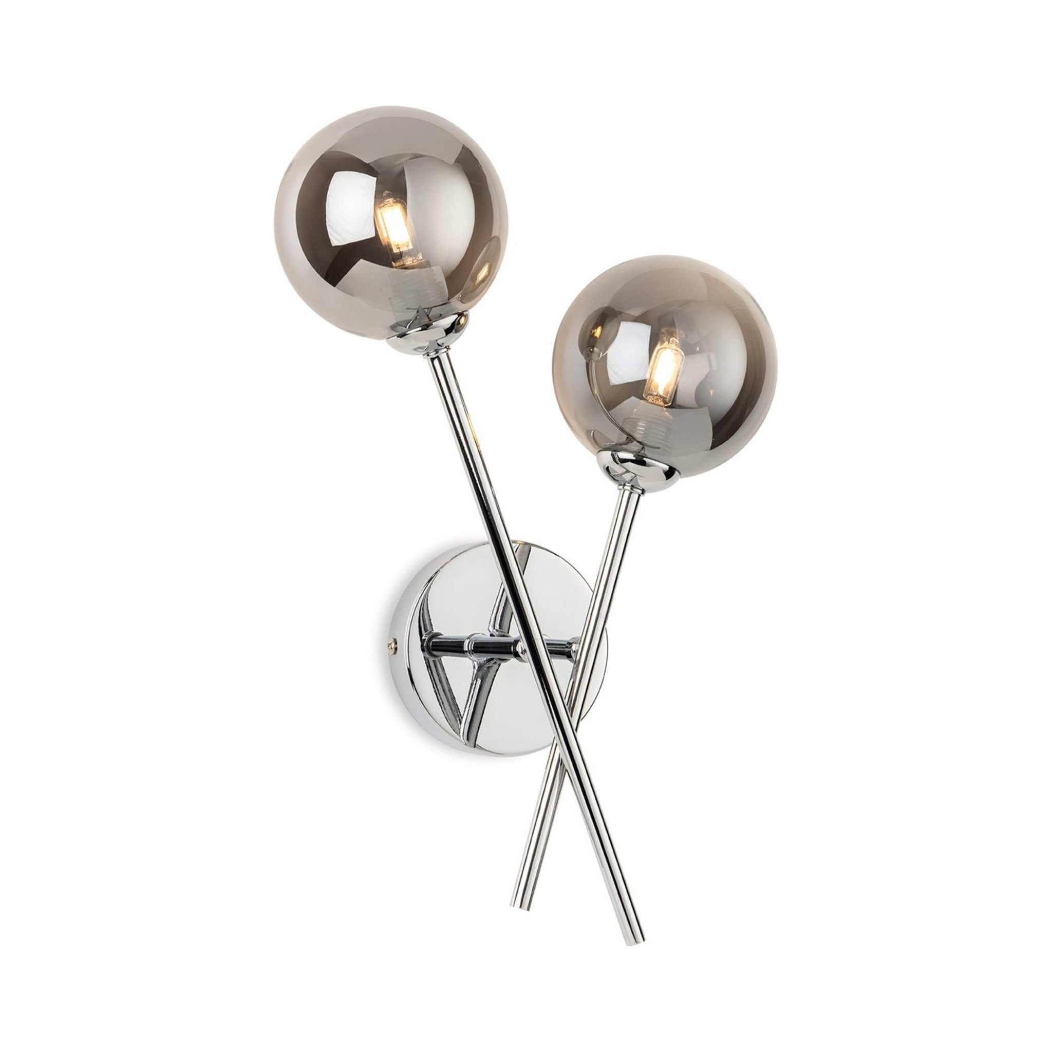 Ripley Glass Globe 2 Light Wall Light in chrome with smoked glass, front view