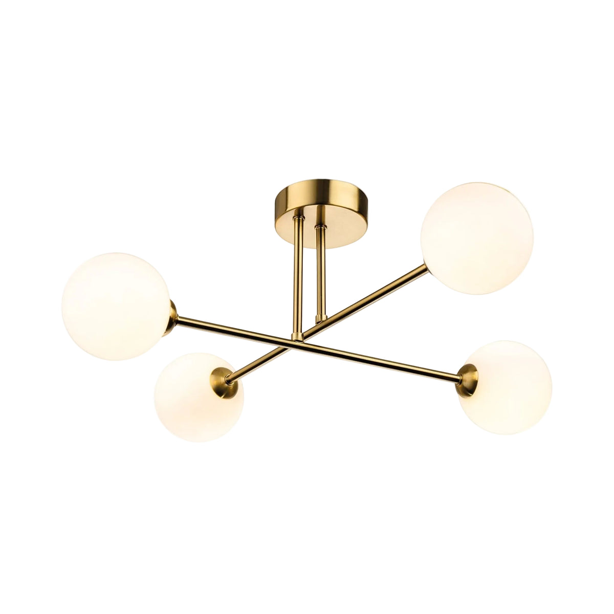 Ripley Glass Globe 4 Light Semi-Flush Ceiling Light in brushed brass with opal white glass, angled view