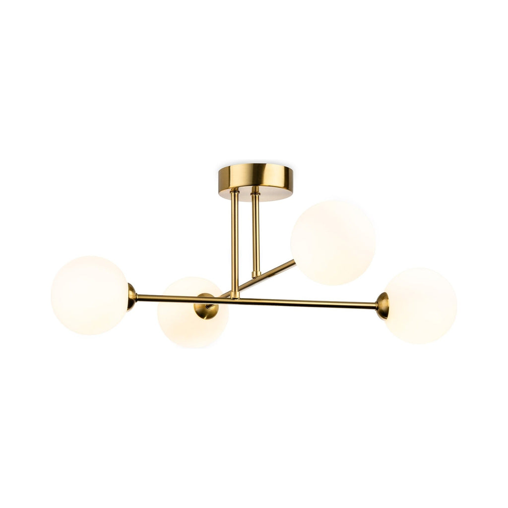 Ripley Glass Globe 4 Light Semi-Flush Ceiling Light in brushed brass, side view showing the shallow drop