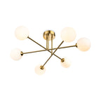 Ripley Glass Globe 6 Light Semi-Flush Ceiling Light in brushed brass with opal white glass, angled view
