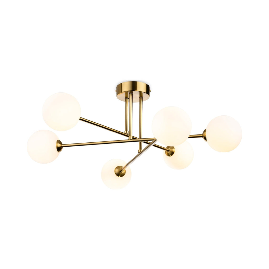 Ripley Glass Globe 6 Light Semi-Flush Ceiling Light in brushed brass, side view showing the shallow drop