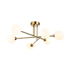 Ripley Glass Globe 6 Light Semi-Flush Ceiling Light in brushed brass, side view showing the shallow drop