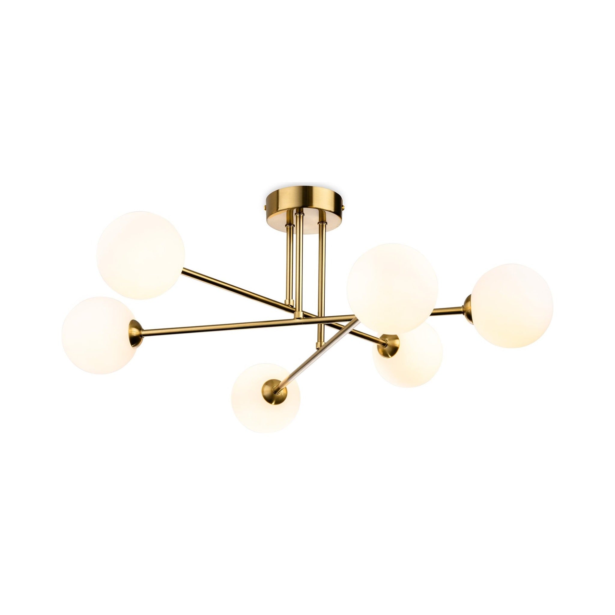 Ripley Glass Globe 6 Light Semi-Flush Ceiling Light in brushed brass, side view showing the shallow drop