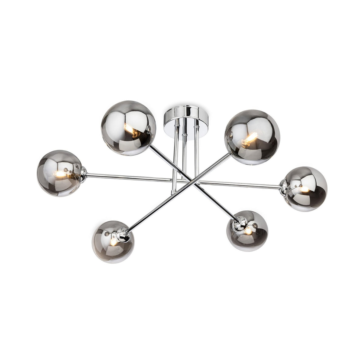 Ripley Glass Globe 6 Light Semi-Flush Ceiling Light in chrome with smoked glass, angled view