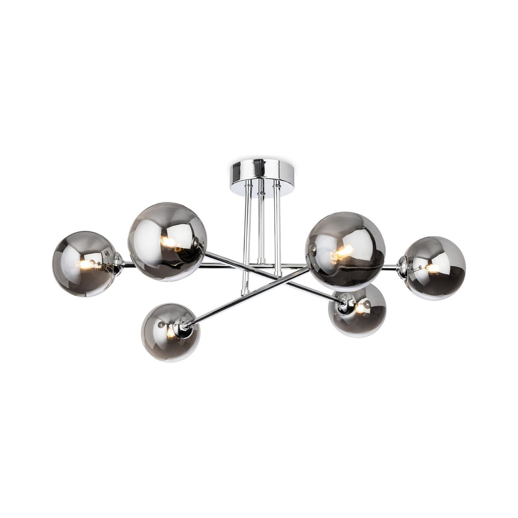 Ripley Glass Globe 6 Light Semi-Flush Ceiling Light in chrome, side view showing the shallow drop