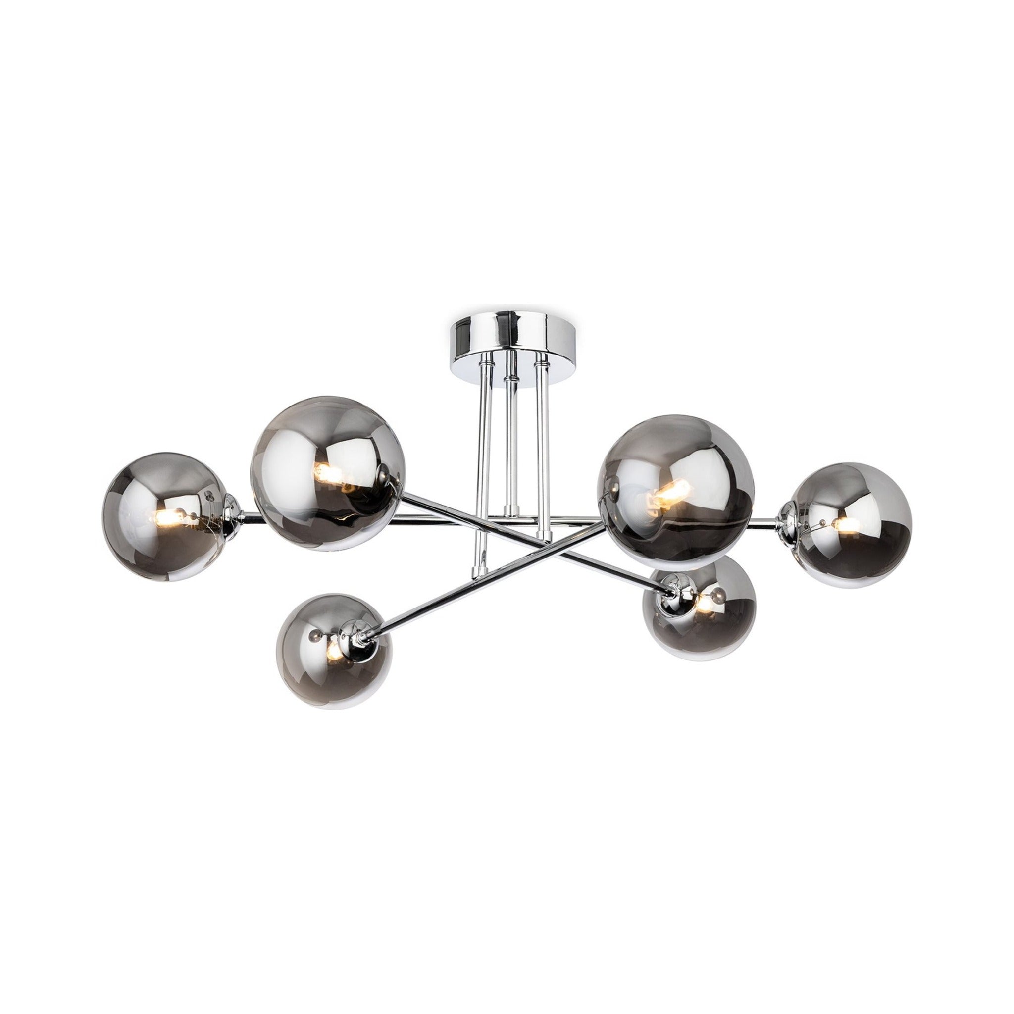 Ripley Glass Globe 6 Light Semi-Flush Ceiling Light in chrome, side view showing the shallow drop