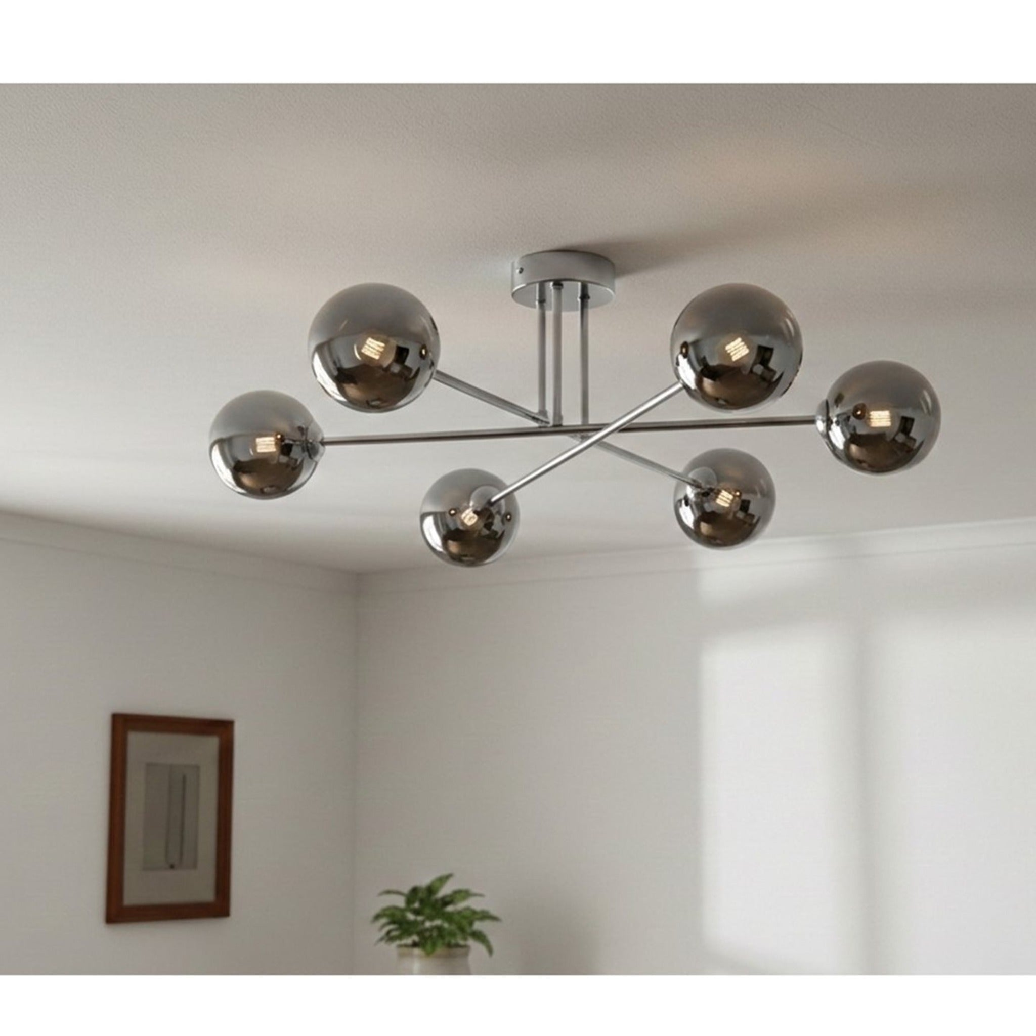 Ripley Glass Globe 6 Light Semi-Flush Ceiling Light in chrome, lit on a hallway ceiling