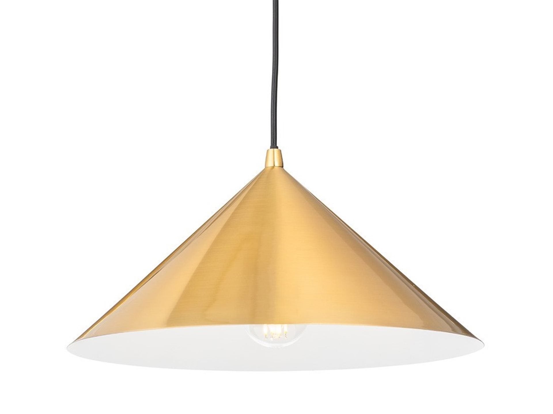 Rowan Conical Pendant in brushed brass, shown straight on with the white-painted inside of the shade visible