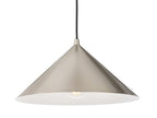 Rowan Conical Pendant in brushed steel, shown straight on with the white-painted inside of the shade visible