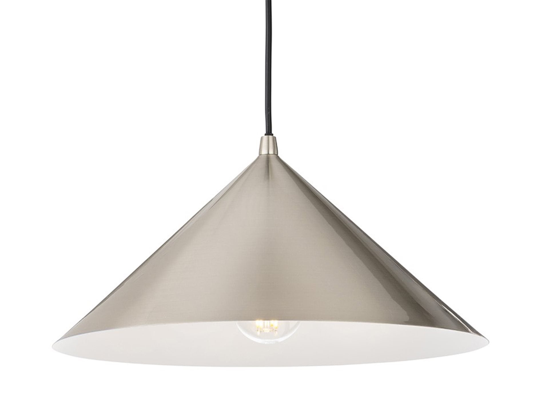 Rowan Conical Pendant in brushed steel, shown straight on with the white-painted inside of the shade visible