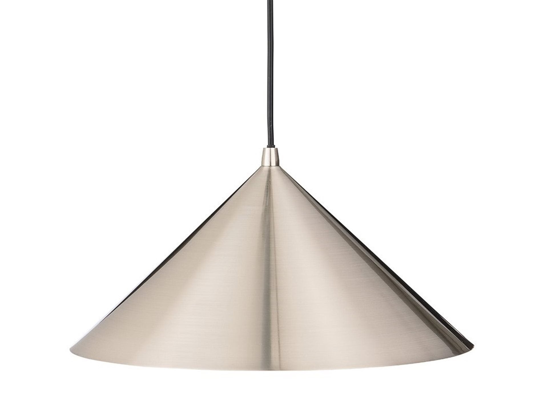 Rowan Conical Pendant in brushed steel, angled view showing the cone profile