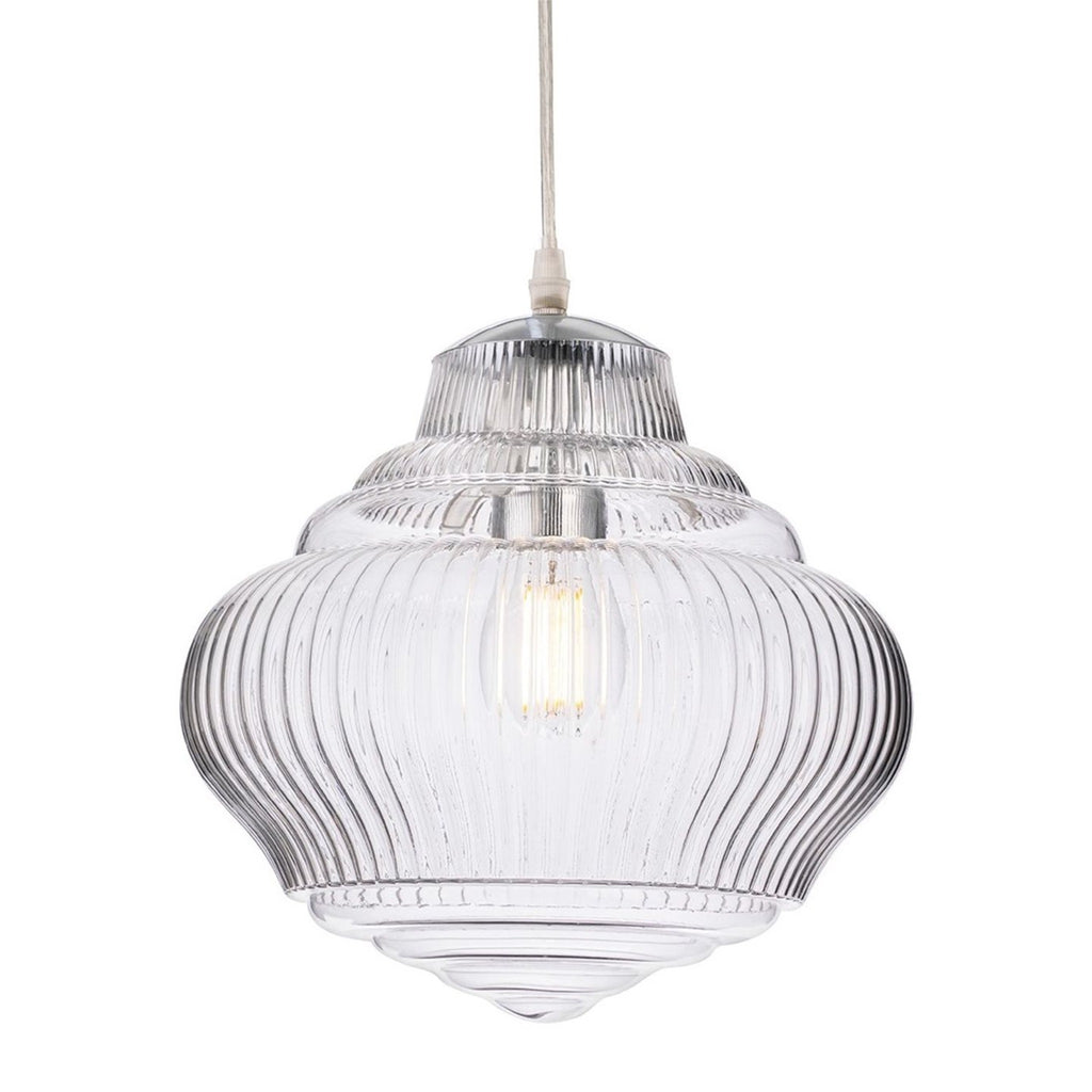 Selby Fluted Glass Pendant in chrome, lit, showing the tiered fluted clear glass shade