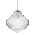 Selby Fluted Glass Pendant in chrome, lit, showing the tiered fluted clear glass shade