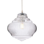 Selby Fluted Glass Pendant in chrome, lit, showing the tiered fluted clear glass shade