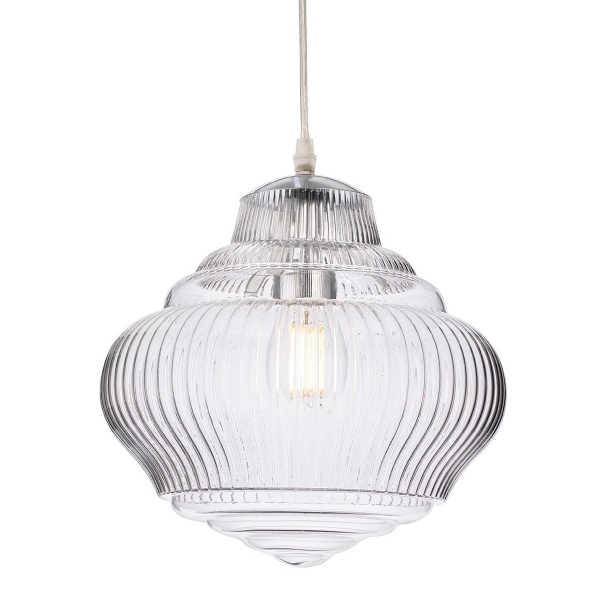 Selby Fluted Glass Pendant in chrome, lit, showing the tiered fluted clear glass shade