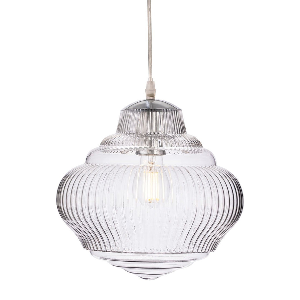 Selby Fluted Glass Pendant in chrome, angled view of the shade and suspension