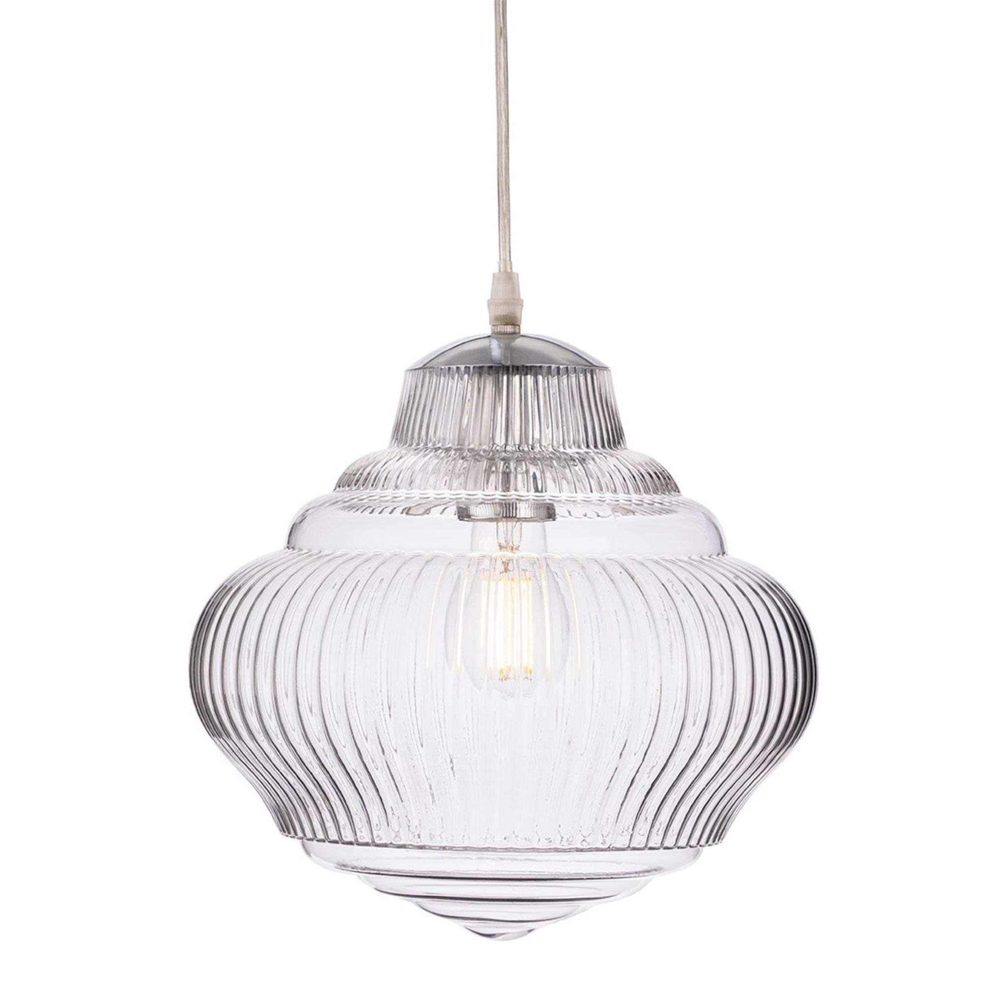 Selby Fluted Glass Pendant in chrome, angled view of the shade and suspension